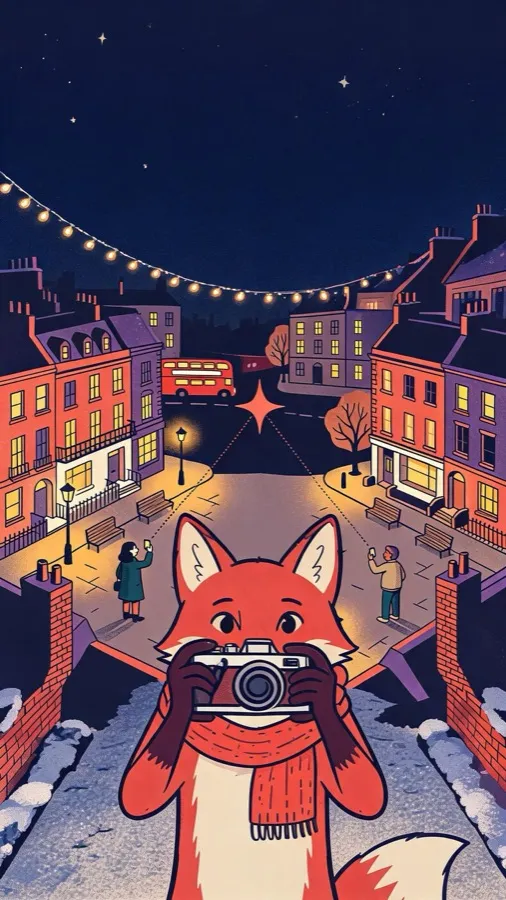 Flick the fox taking a photo on a fairy-lit street at night
