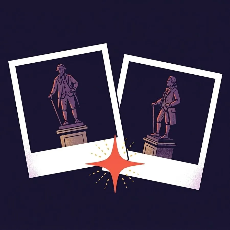 Two polaroids of the same statue