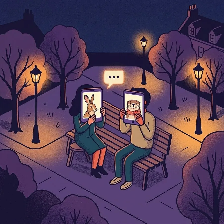 Two people chatting on a bench under a street lamp